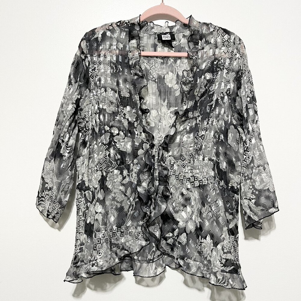 Womens Sheer Ruffle Blouse 18/20 Tie Front Floral Fairycore Romantic Whimsical